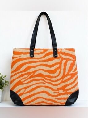 [Murval] Large Orange & White Animal Print Jute Tote Bag – Beach Market Carryall
